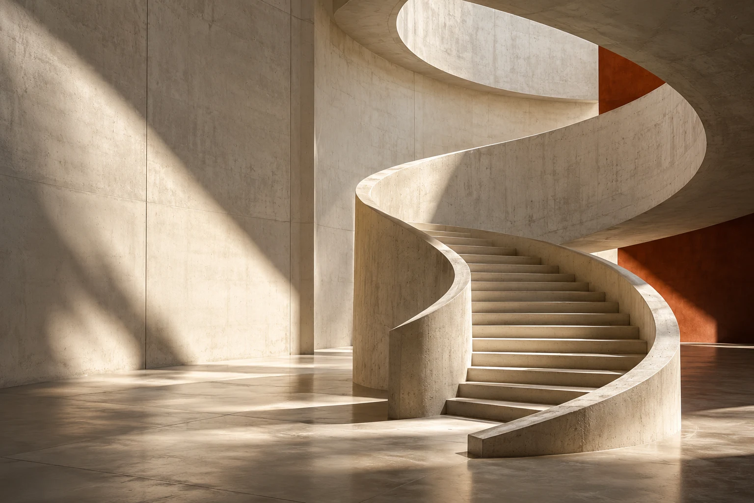 Sculptural concrete staircase curving upwards through a sunlit architectural space